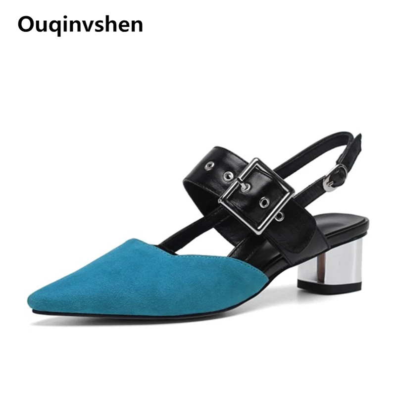 

Ouqinvshen Kid Suede High Heels Sandals Women Plus Size Mixed Colors Fashion Thick Heels Sandals 2019 Pointed Toe Summer Shoes