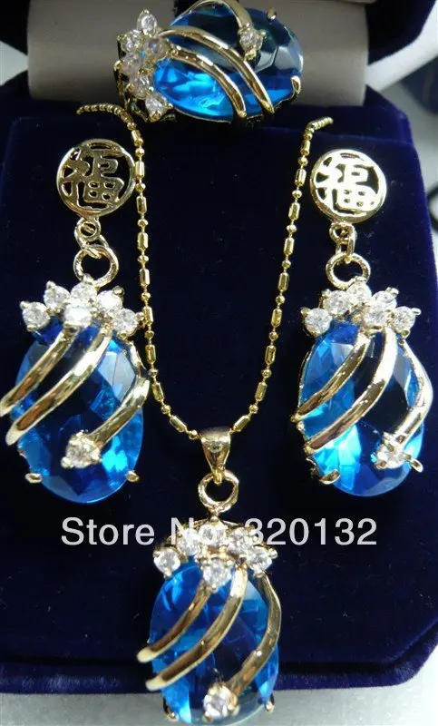 

Nobility Jewelry Crystal blue Set silver Pendant Earring Ring Silver gold plated Jewellery sets free shipping