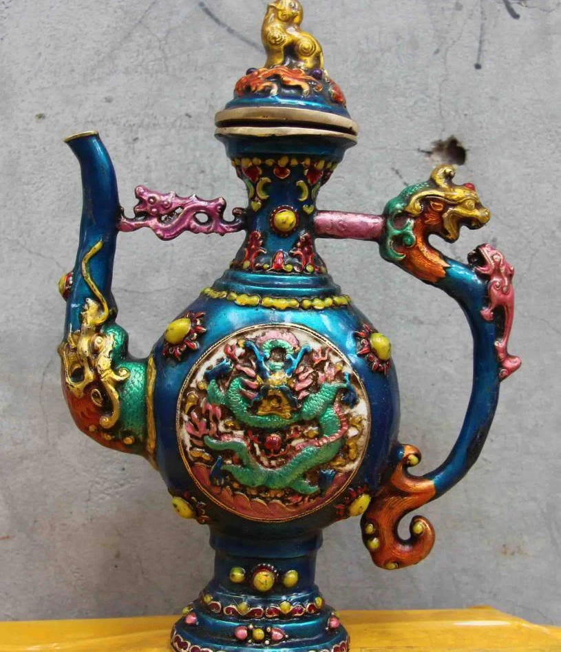 

Chinese Royal Copper Bronze Painted Dragon FOO Dog Lion Teapot Flagon wine pot