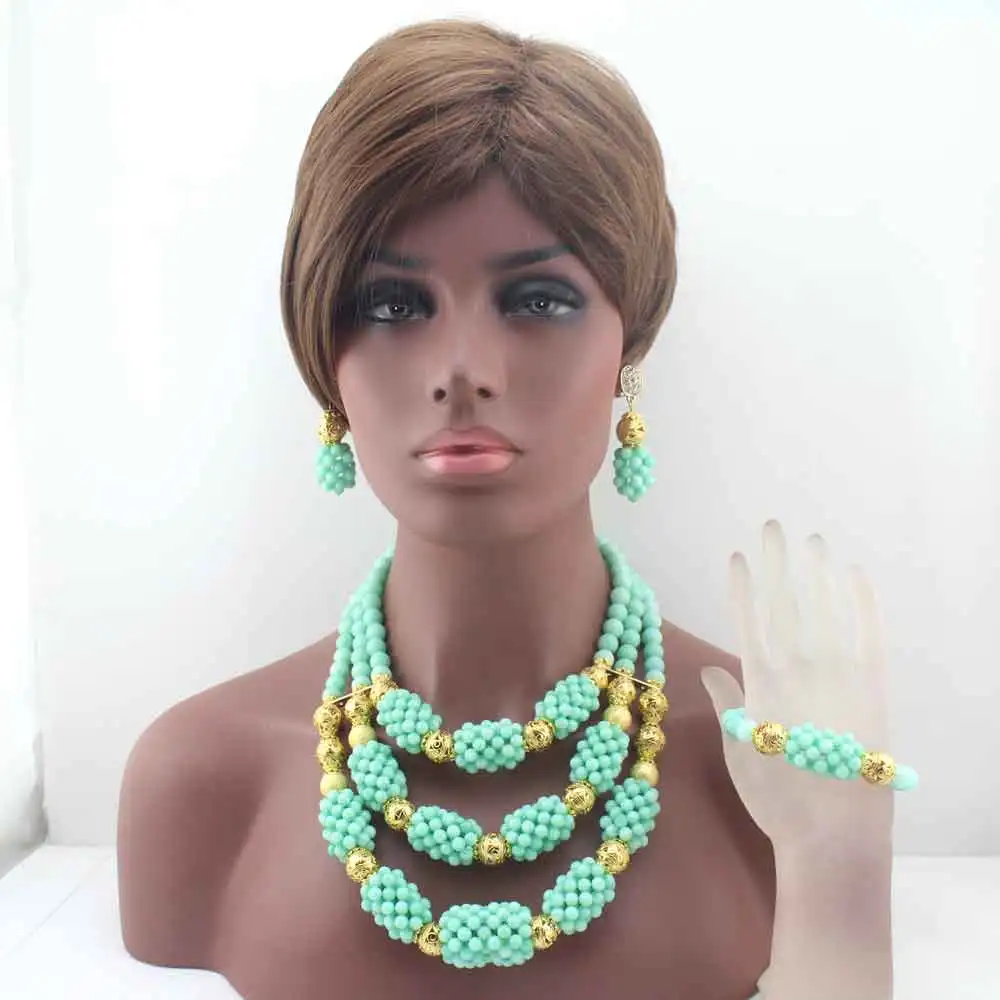 Fashion Mint Green 3row  Beads Jewelry Sets 2016 Trendy Nigerian Wedding Necklace African Accessory Free Shipping W13595