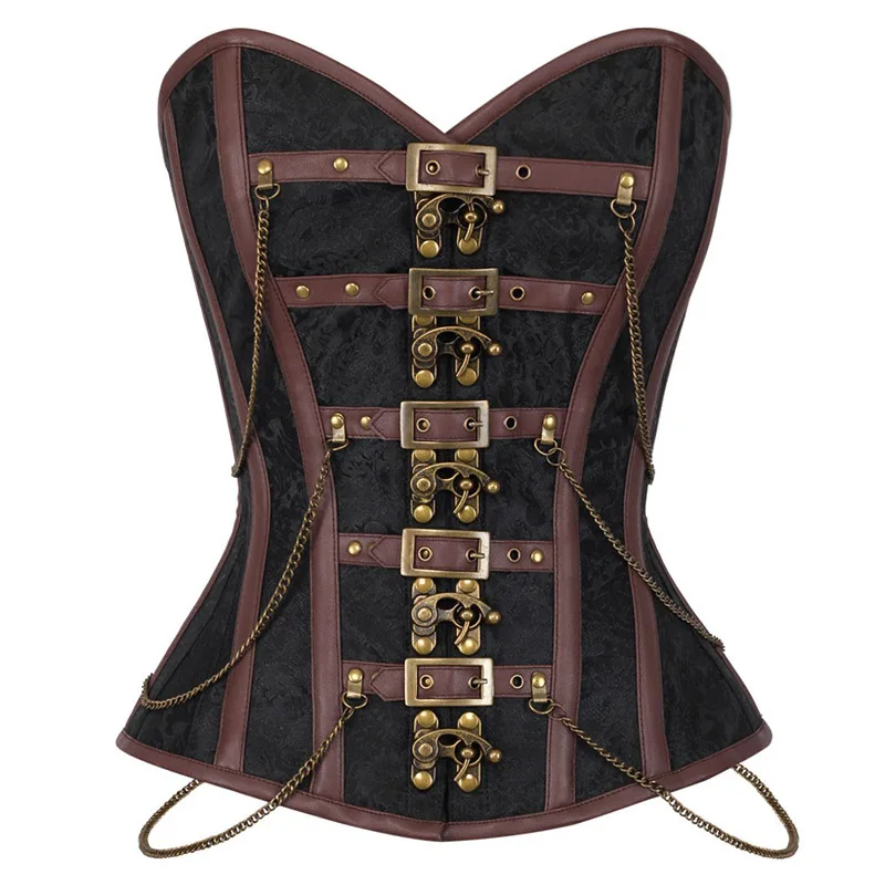 Women's Vintage Gothic Steampunk Overbust Corset Sexy Steel Boned Corsets and Bustiers with Chains Waist Cincher Bustier Femme (1)