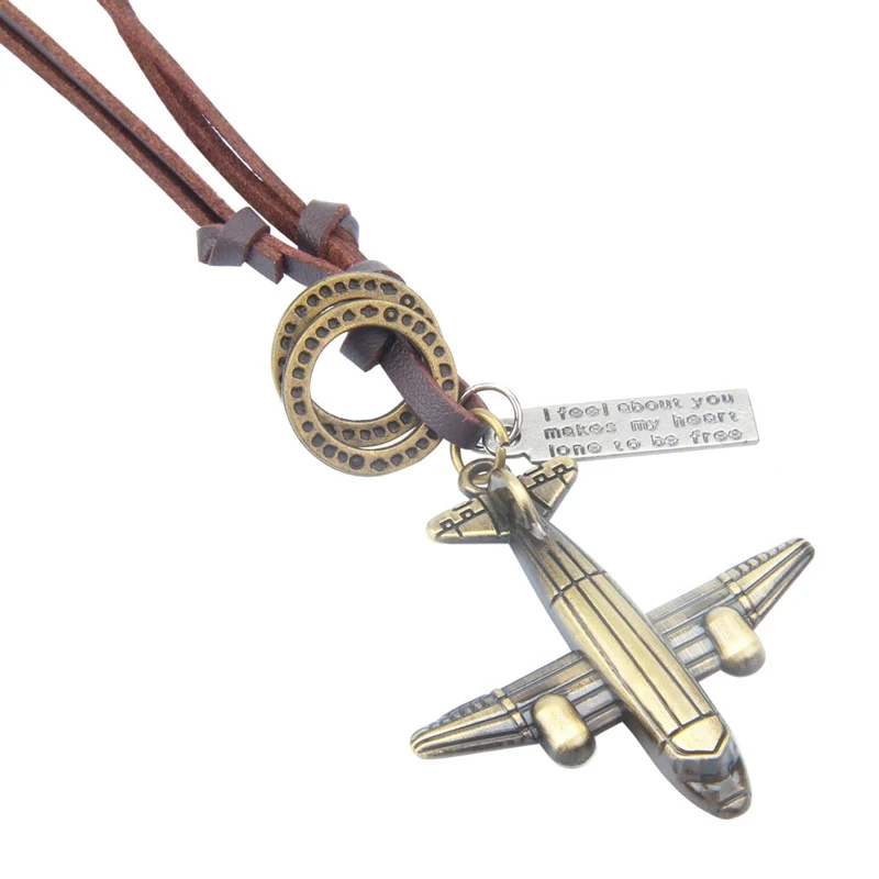 NIUYITID Antique Bronze Aircraft Plane Necklace & Pendants Men Women Handmade Genuine Leather Neclace Personalized Collar (5)