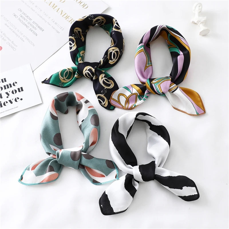 Women Small Satin Silk Scarf Square Print Wrap Foulard Femme Handkerchief Bandana Neck Hair Skinny Tie Scarves Shawls