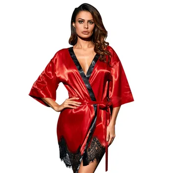 

Synthetic Satin Nightgown Sexy Women V neck Lace Belted Robe Nightdress Sleepwear Bathrobe Kimono