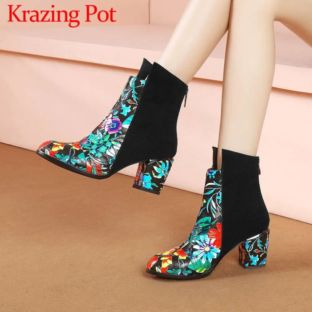 

Oriental design colorful flowers cow suede big size round toe high thick heels zip mixed colors european style ankle boots L30