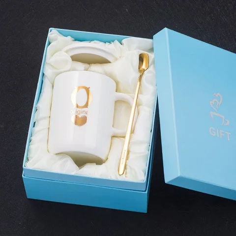 SPSCO 400 мл креативные золотые отпечатки пальцев белая керамическая кофейная кружка, кружка для чая с золотая ручка в подарок с крышкой и ложкой - Цвет: O-white
