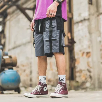 

Japanese Harajuku Patchwork Ribbons Cargo Shorts for Men Urban Boys Streetwear Big Pockets Hip Hop Short Pants Plus Size M-XXL