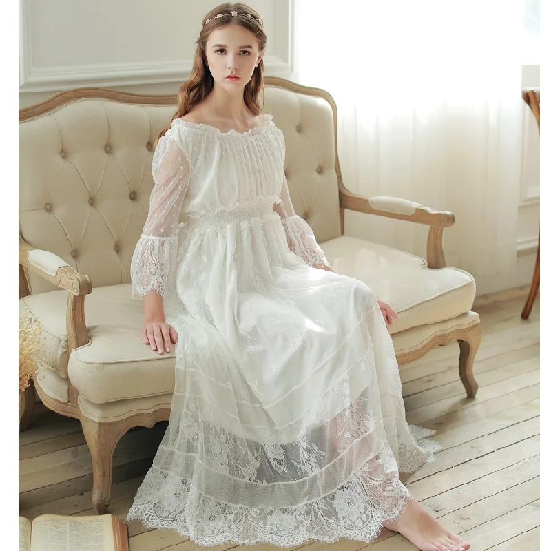 

Women's Long Nightgowns White Princess Lace Sleepwear Royal Vintage Roupas De Dormir Femininas Nightdress 015