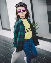 New 2016 Girls Autumn Shirt Kids Blouse Kids Letter Shirt Children Fashion Green Red Plaid Shirt Baby Cotton Shirt, 2-7Y