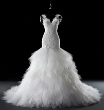 Long Lace Mermaid Wedding Dress 2017 Tiered Ruffles Bridal Party Gowns Fairytale Princess Unique Design Chapel Train 016329