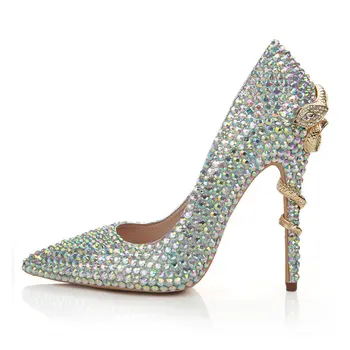 

MA0363 Autumn and Winter Leather Pumps High Heels Female Luxury Color Diamonds Pointy Snake Wedding Bridesmaid Women's Shoes