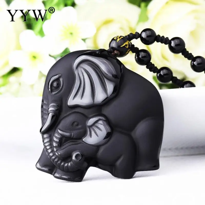 

Natural Stone Black Obsidian Carved Mother & Baby Elephant Chinese Handmade Gift Amulet Lucky Pendant Necklace Men Women Jewelry