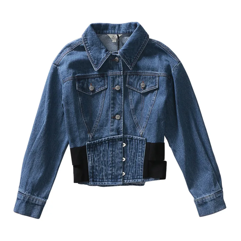 elastic tight ribbons denim short jacket with waistband H010in Basic
