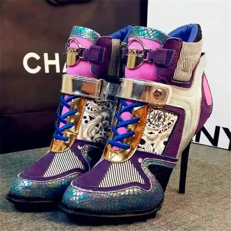 The latest trend of high-heeled shoes 2016 Europe leather mixed colors of England Martin boots influx of women SUB678