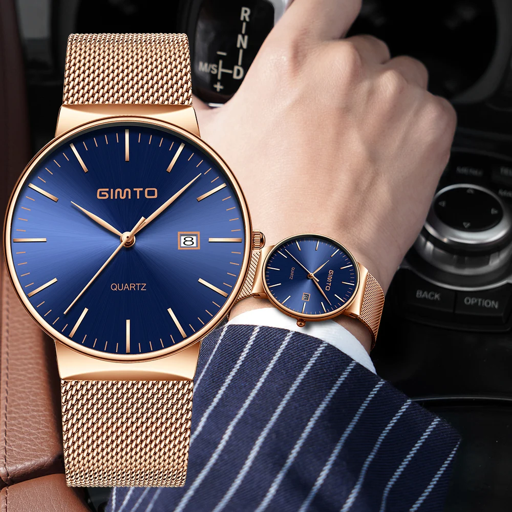 GIMTO Rose Gold Creative Men Watch Brand Luxury Steel Clock Business Quartz Wristwatch Military Spo