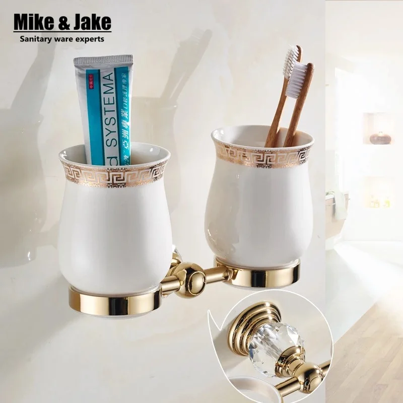 Golden Batroom crystal double cup holder bathroom double cup rack