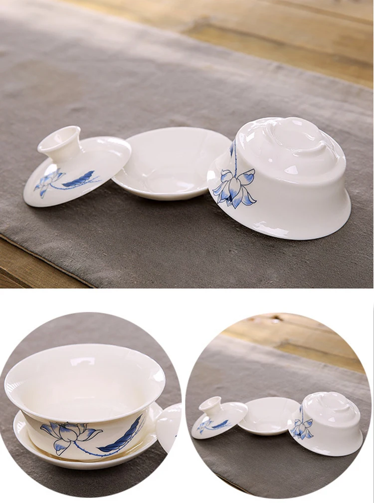 Китай Dehua ручная роспись три большие миски, celadon lotus три кунг-фу чашки, традиционный gaiwan чайный набор