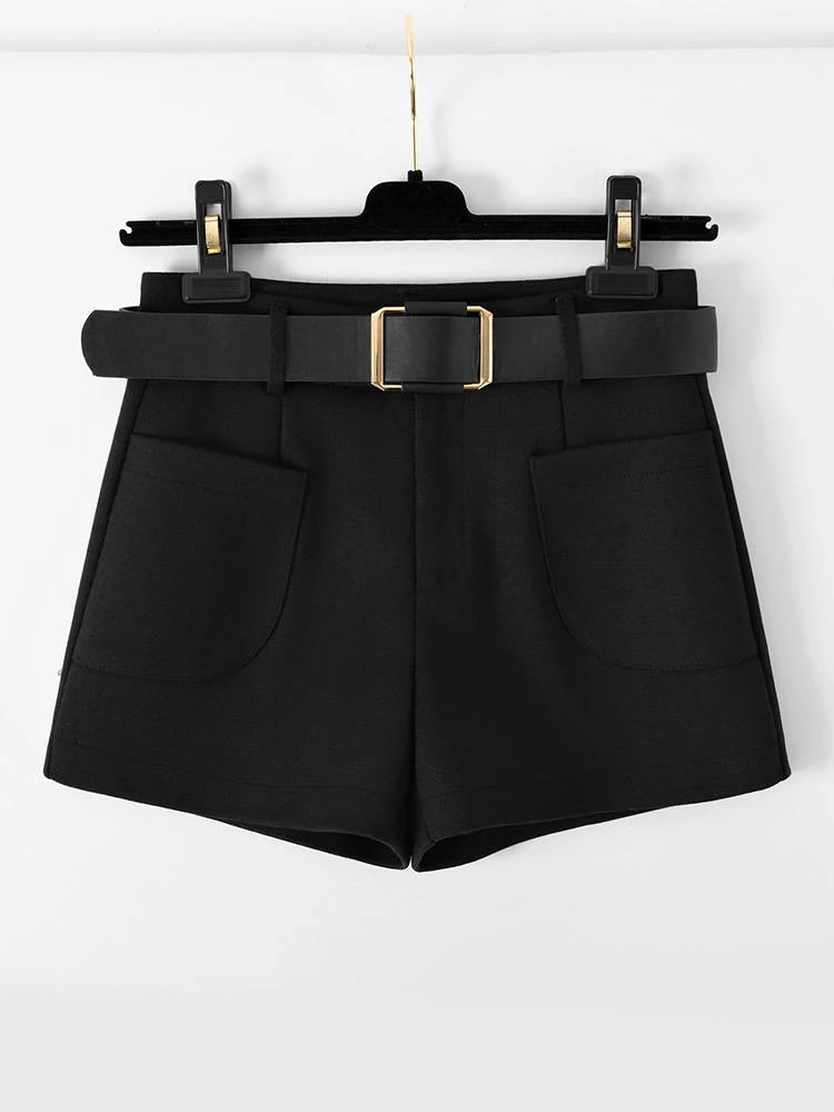 Шерстяные женские шорты осень зима широкие мини шорты Feminino осенние шорты с ремнем и карманами F224 - Цвет: Черный