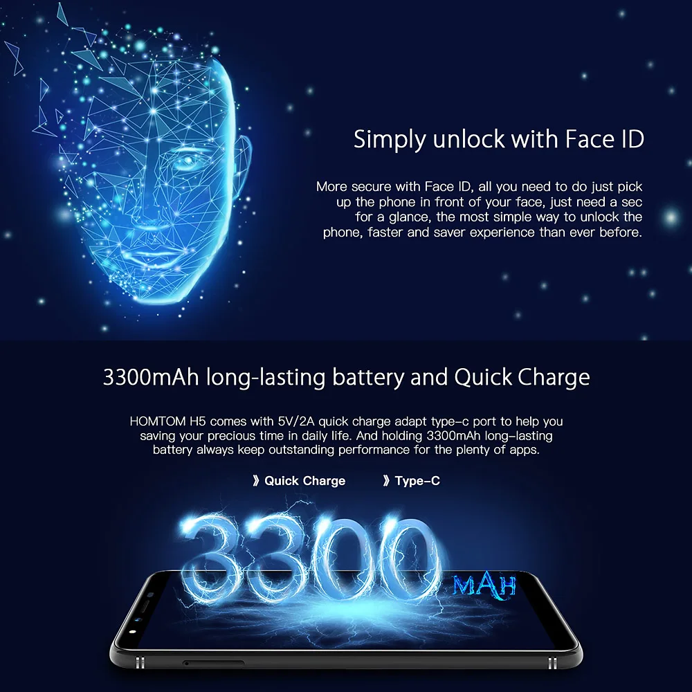 HOMTOM H5 мобильный телефон 5,7 дюйма HD дисплей 3 GB 32 GB Face ID 13MP камера 3300 mAh быстрая зарядка MT6739 4 ядра 4G смартфон