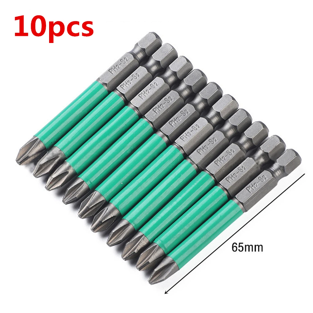 

10pcs 65mm Single Head PH2 Phillips Tip Screwdriver Bit Set Hex Shank Anti Slip Electric Magnetic Screwdriver Bits