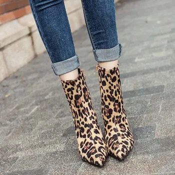 

Flock Leopard Boots 2020 New Women Ankle Boots For Women Pointed Toe High Heels Zipper Chelsea Boots Mujer size 35-40 Shoes