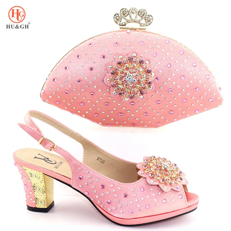 

Pink Color Summer Design 2019 Wedding Matching Italian Shoes and Bag Set High Heels Sandal African Shoes and Bag Set for Wedding