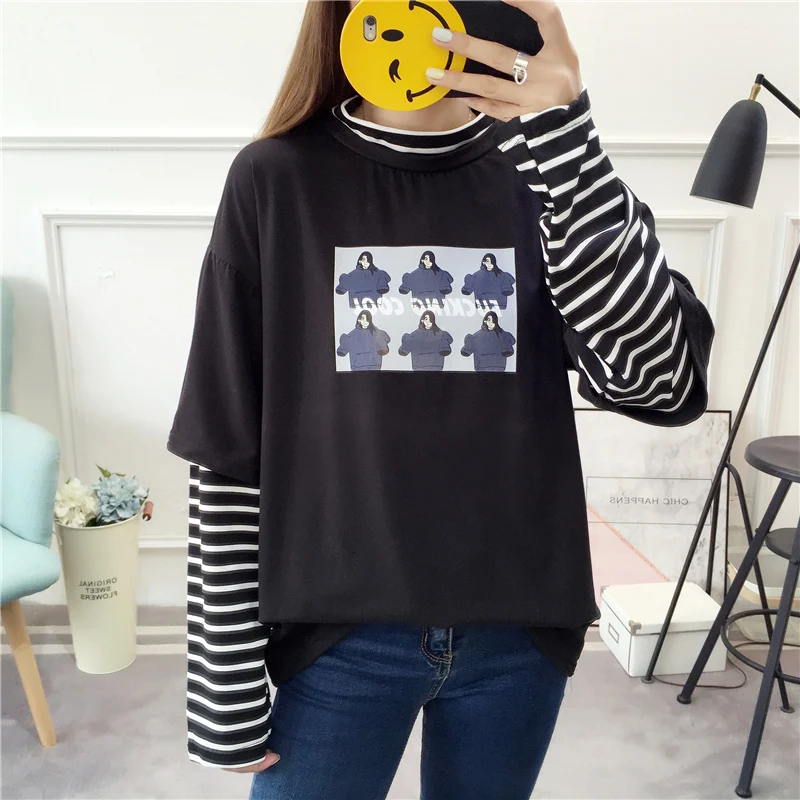 

Half Turtleneck Patchwork Striped Long Sleeve Letter Character Print Fake 2 Piece Tee Shirt Top Plus Size T-Shirt Korean Street
