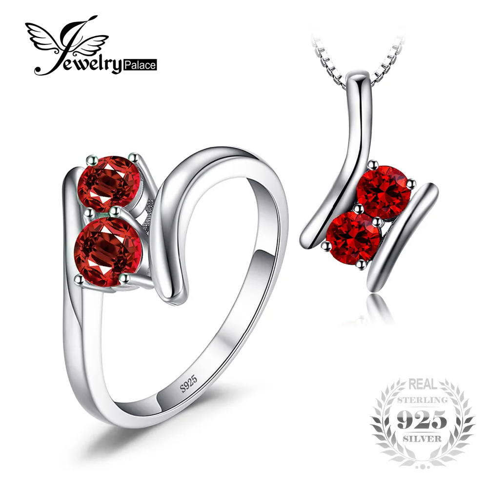 

JewelryPalace Fashion 1.9ct Genuine Garnet 2 Stone Pendant Necklace Ring 925 Sterling Silver 45CM Chain Women Fine Jewelry Sets