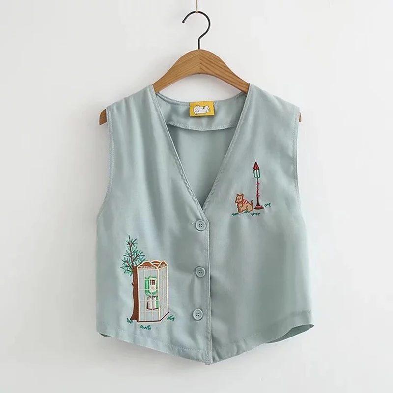

Spring And Summer Short Cotton Ladies Vest 2019 Casual Slim Single-breasted Colete Women's Sleeveless Cartoon Embroidered Jacket
