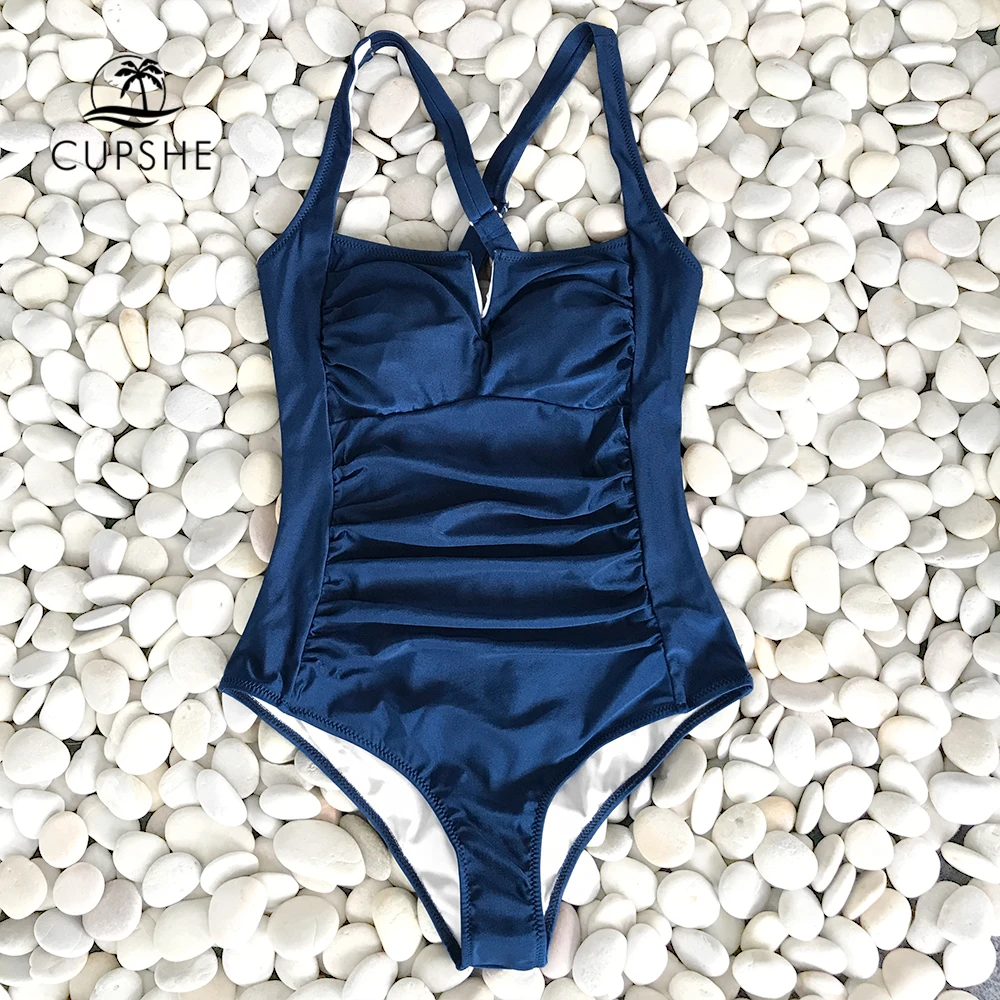 CUPSHE Navy Blue Attractive Shirring One piece Swimsuit Women Solid
