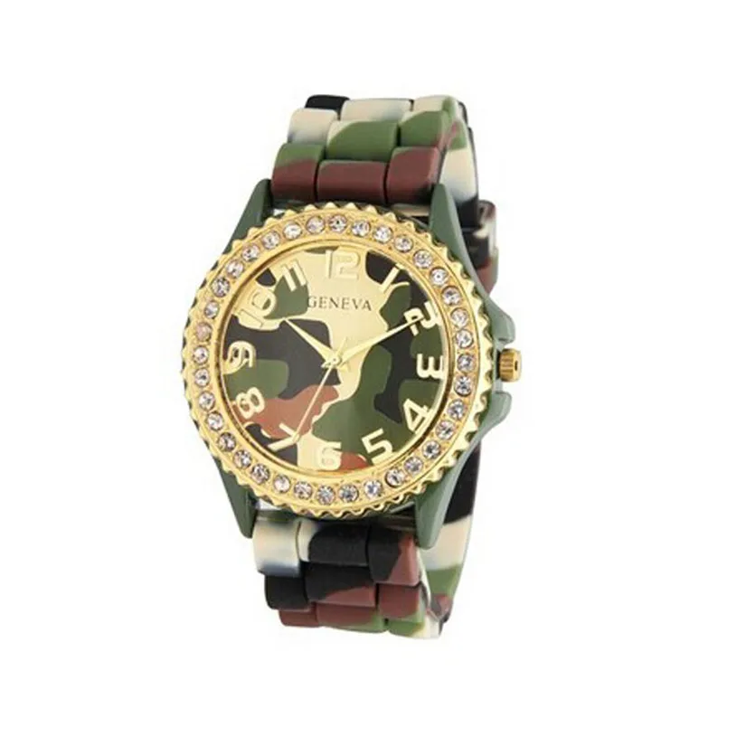 

Luxury simple women wristwatches Silicone Ceramic Green Camouflage Band Wrist Watch Crystal Bezel 2019 new @9