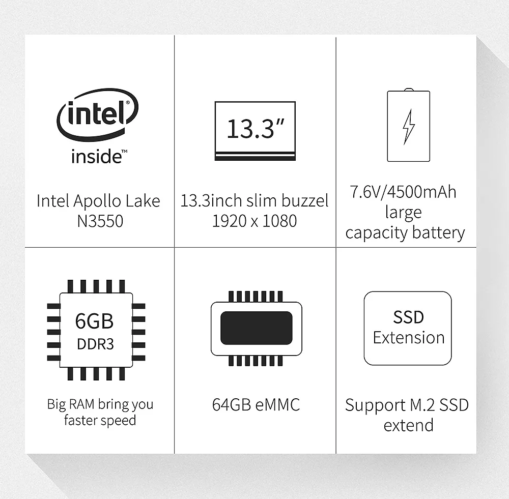 Джемпер EZbook X3 ноутбука 13,3 дюйма Windows 10 Intel Apollo Lake n3350 4 ядра 1,1 ГГц 6 GB 64 GB HDMI Камера двойной WiFi ноутбуки