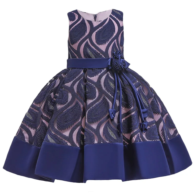 Вечерние Платья с цветочным узором для девочек, платье для свадьбы Детские платья для девочек, платье принцессы с вышивкой одежда для детей 7, 8, 9, 10 лет - Цвет: Navy blue