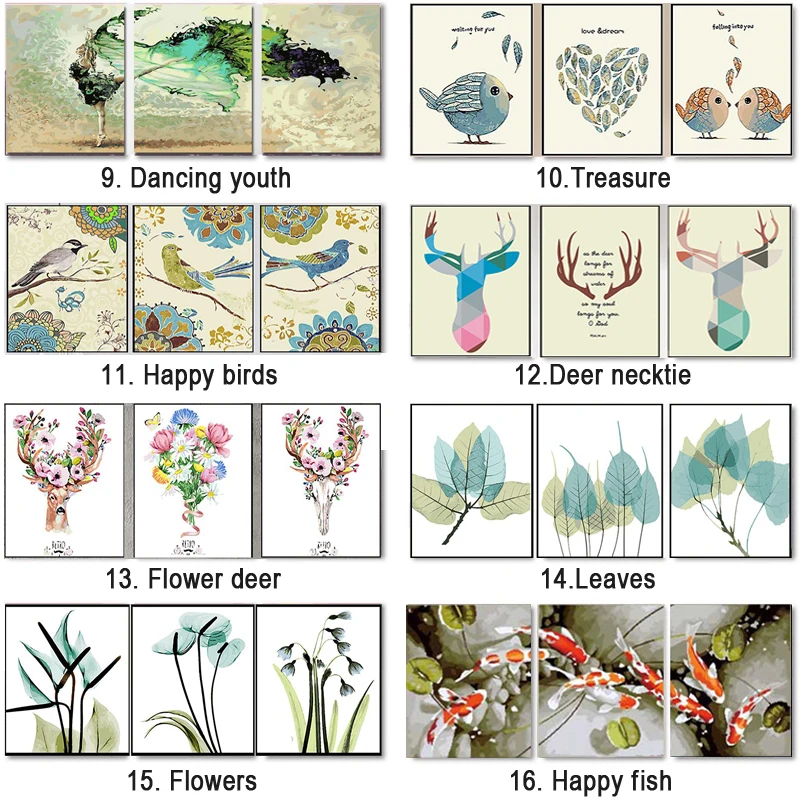 DIY масляная краска по номерам деревья листья Триптих картинки животные абстрактная краска Настенная Наклейка раскраска пейзаж подарок домашний декор