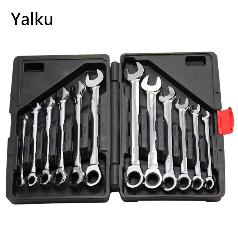 Yalku Fixed Head Ratchet Wrench Combination Spanner Set Professional Ratchet Wrench Spanner 12pcs 8 19mm Car