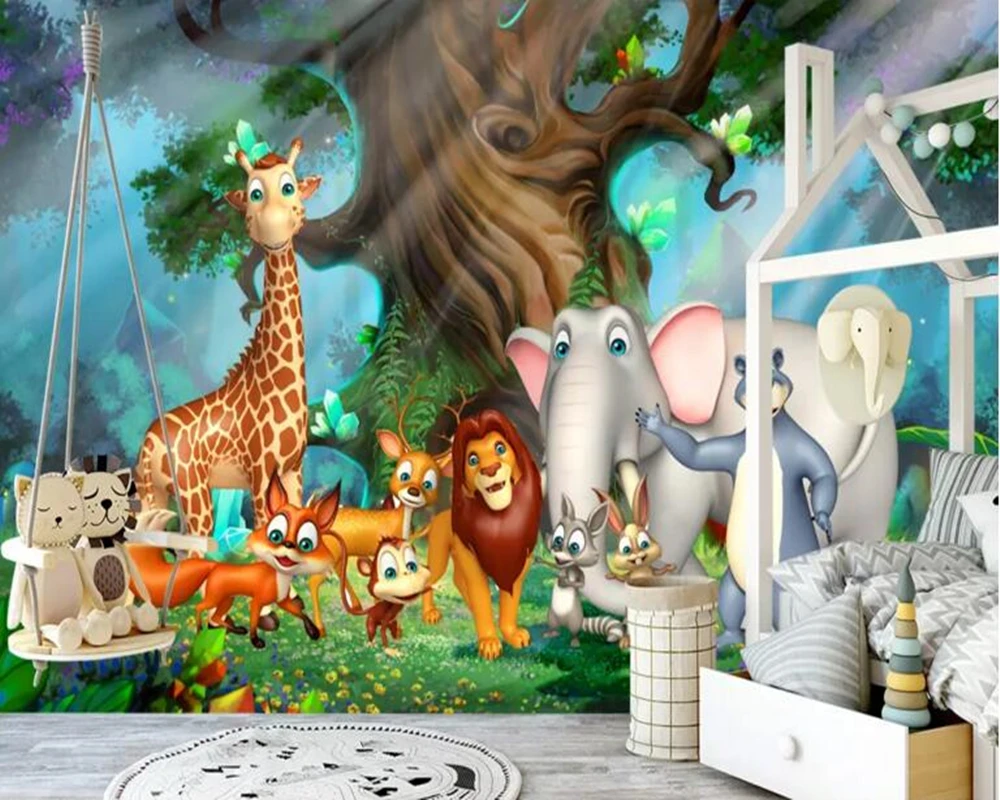 Пользовательские papier peint animaux мультфильм лес животное мир росписи для детской