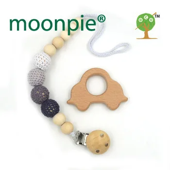 natural pacifier clip dummy holder safe wooden crochet beads shade of grey beech car teether set baby boy gift box NT172