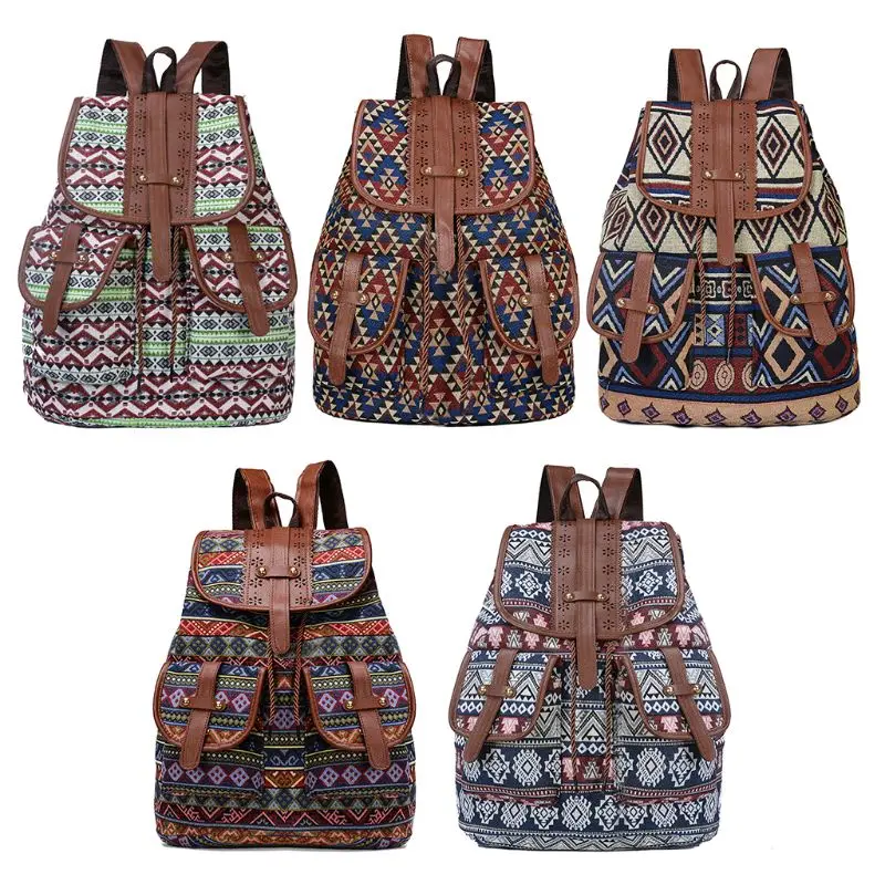 

THINKTHENDO Vintage Print Canvas Ethnic Backpack for Women Girls School Backpacks Drawstring Bohemia Travel Rucksack