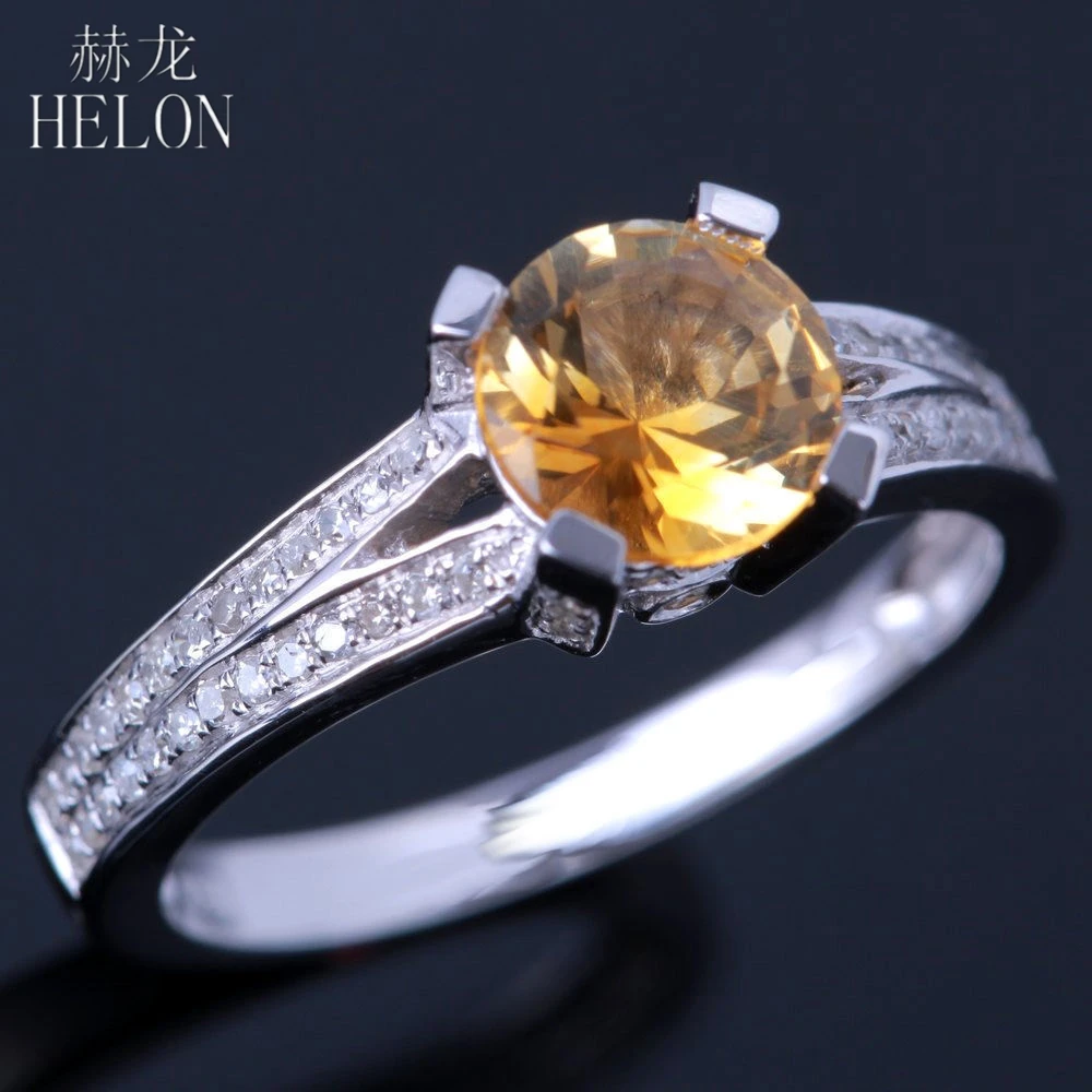 HELON Solid 14 K(585) белое золото безупречный 6,5 мм круглый настоящий цитрин натуральный бриллиантовый камень обручальное свадебное Ювелирное кольцо