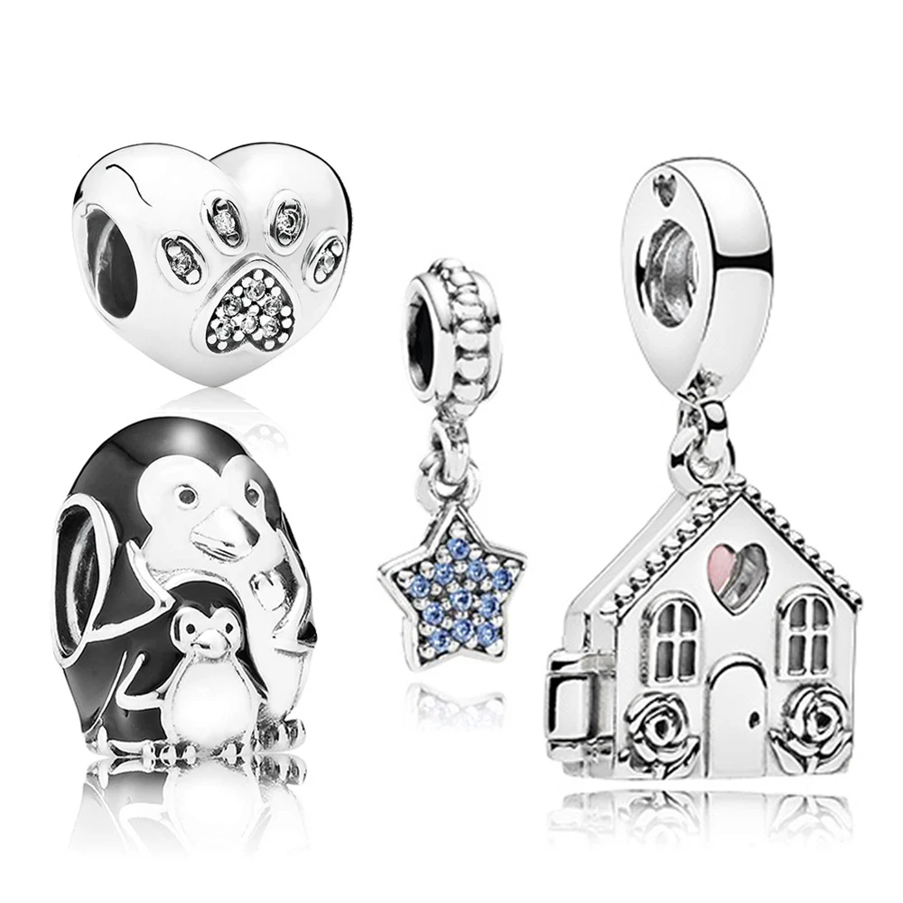 

NEW 100% 925 Sterling Silver 1:1 Genuine Charm Penguin Family Beard Footprints and Stars House Beads Suitable DIY Bracelets