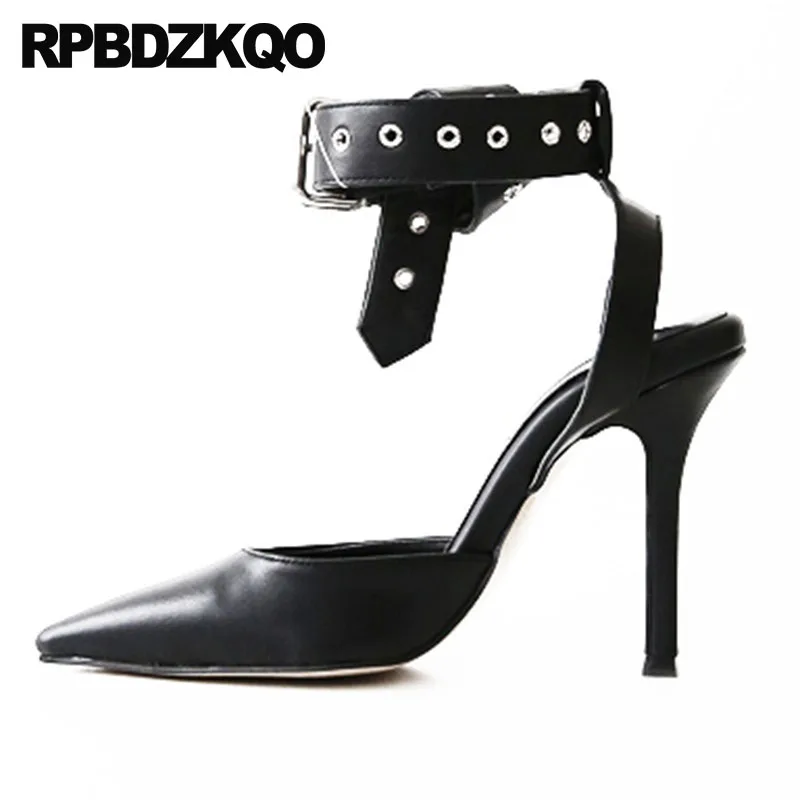 

Pumps Slingback Pointed Toe Sandals Size 33 Ankle Strap High Heels 3 Inch Scarpin Women Dress Shoes Belts Metal Multi Colored