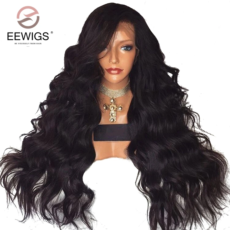 

EEWIGS 26inch Long Body Wave Synthetic Lace Front Wig With Natural Hairline Glueless Heat Resistant Hair Black Wigs For Women