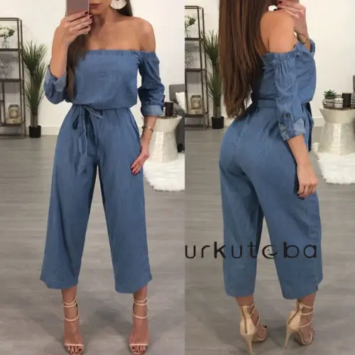 Женские с открытыми плечами Denim Свободные на шнуровке Повседневное комбинезоны