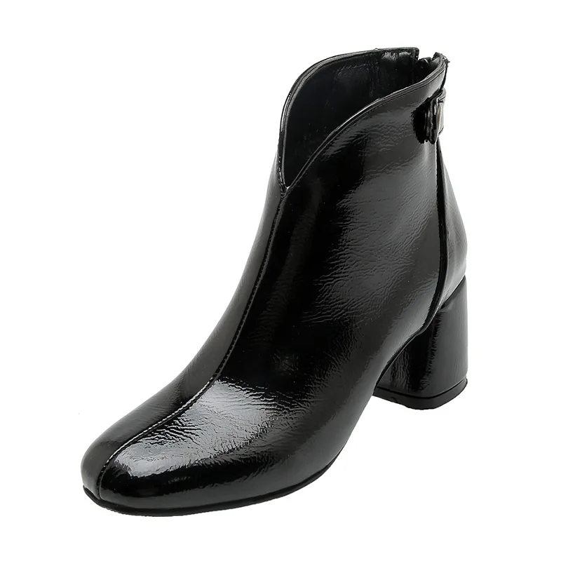 WETKISS/лакированные ботинки из искусственной кожи женские ботильоны на высоком каблуке обувь с квадратным носком женская обувь для вечеринок зимняя обувь размера плюс 32-46 - Цвет: black thin fur