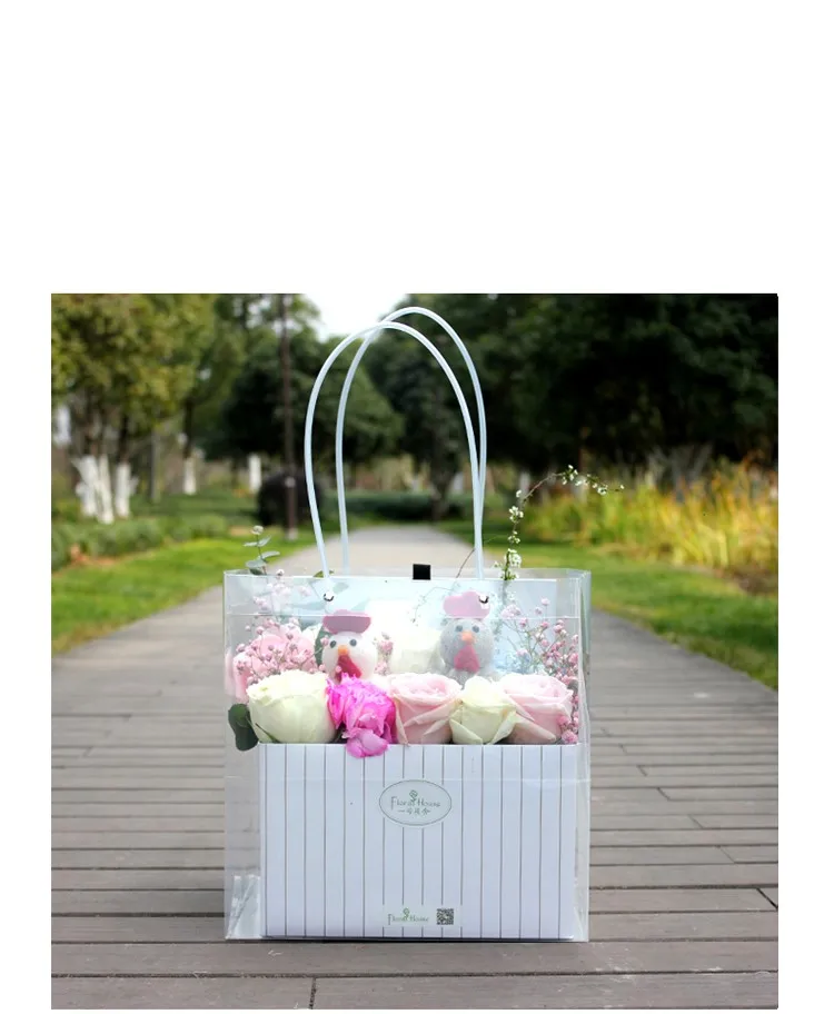 new arrival square portable gift bags with handles transpanrent plastic flower containing bags food packaging shopping bags