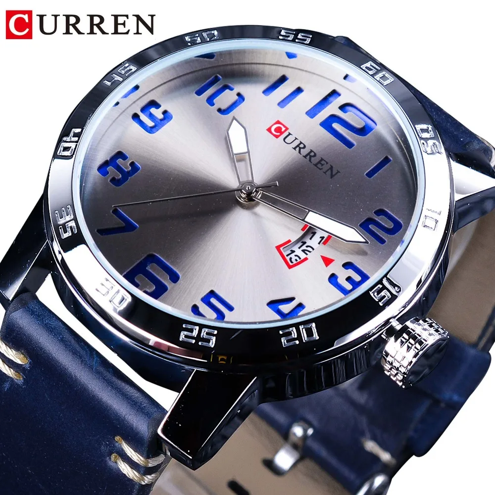 CURREN Calendar Display Blue Genuine Leather Belt 3D Laser Dial Mens Quartz Watches Waterproof Top Brand Luxury Hour Male Clock curren 8355 luxury classic деловые кварцевые мужские часы