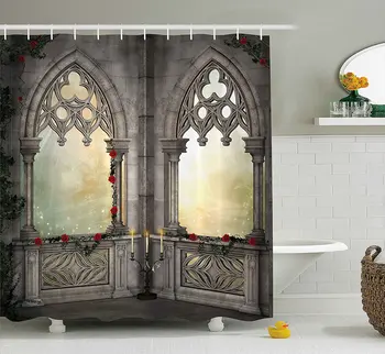 

Gothic Decor Shower Curtain Vintage Ottoman Palace Balcony for Sultans with Red Rose Flowers Ivy Terrace Image, Bathroom