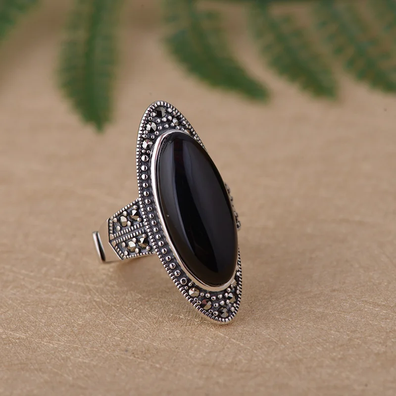 Настоящее чистое 925 Серебряное женское кольцо, большое античное кольцо для женщин, натуральный черный оникс, элегантное ювелирное изделие