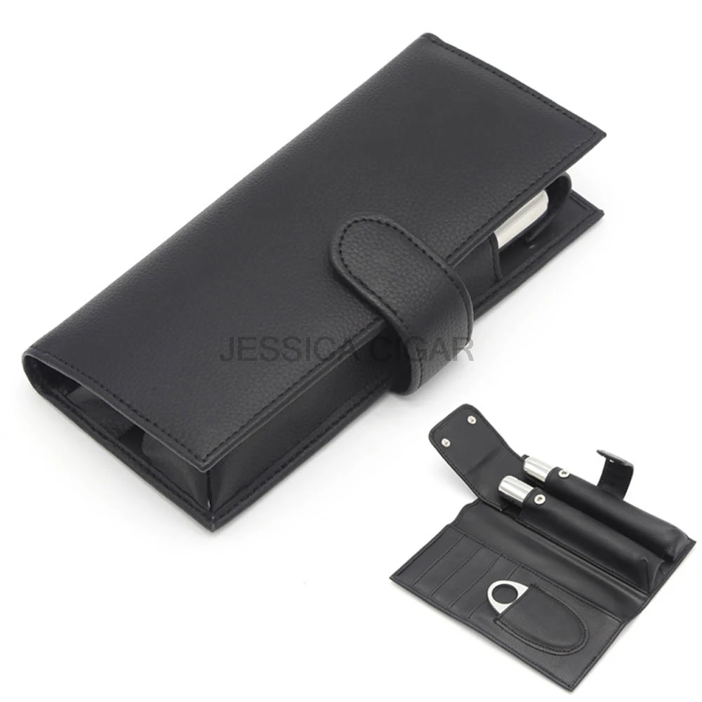 

COHIBA Gadgets Black Portable Cigar Set Travel Cigars Case Leather Cigar Case W/ 2 Cigars Tube Stainless Steel Sharp Cutter