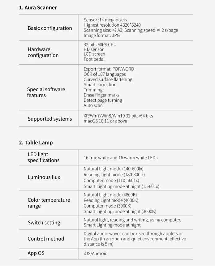 Aura 14MP Smart Book & Document Scanner with AI Technology for 187 Languages OCR Supported Innovative Glare-free Lamp Free APP_Spec